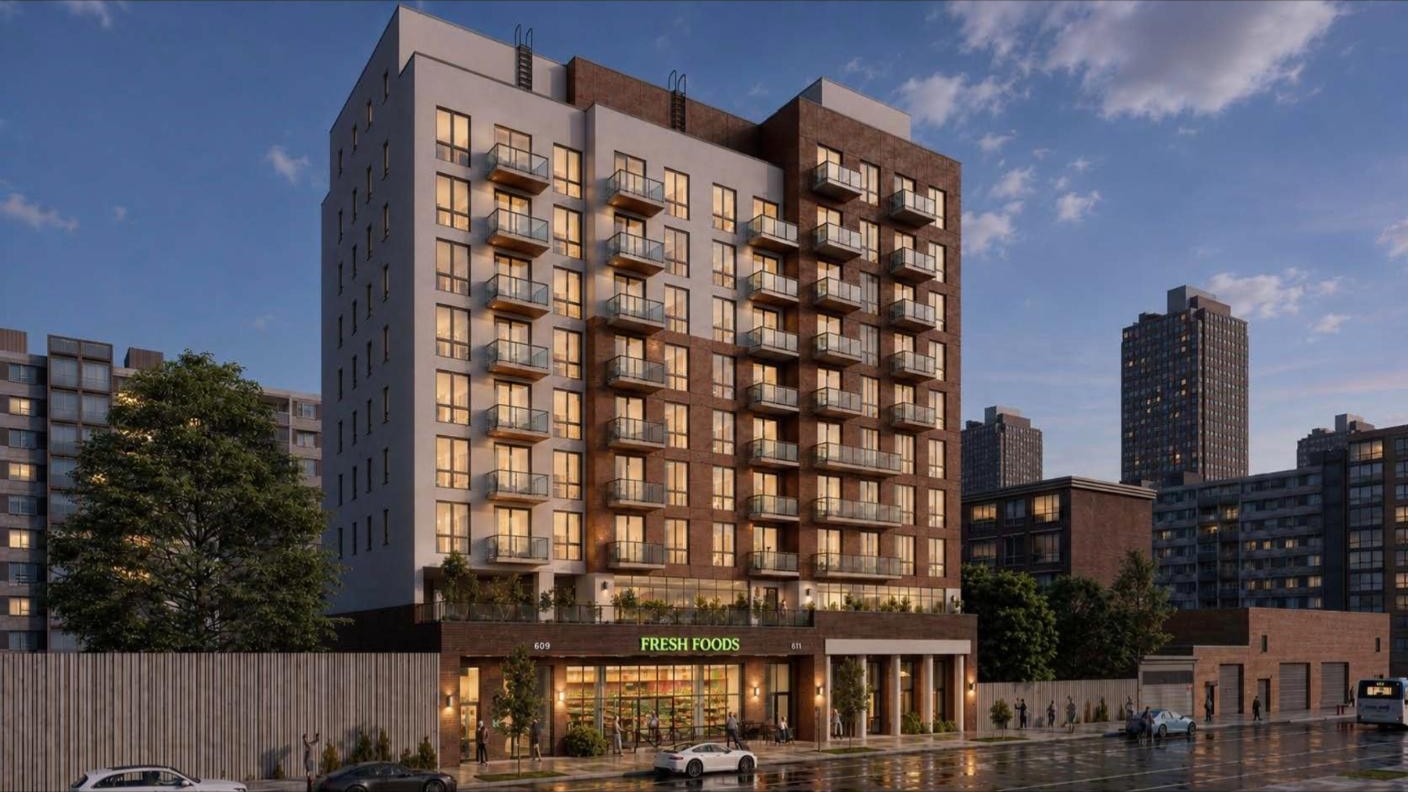 915 Dean Street - exterior rendering at dusk