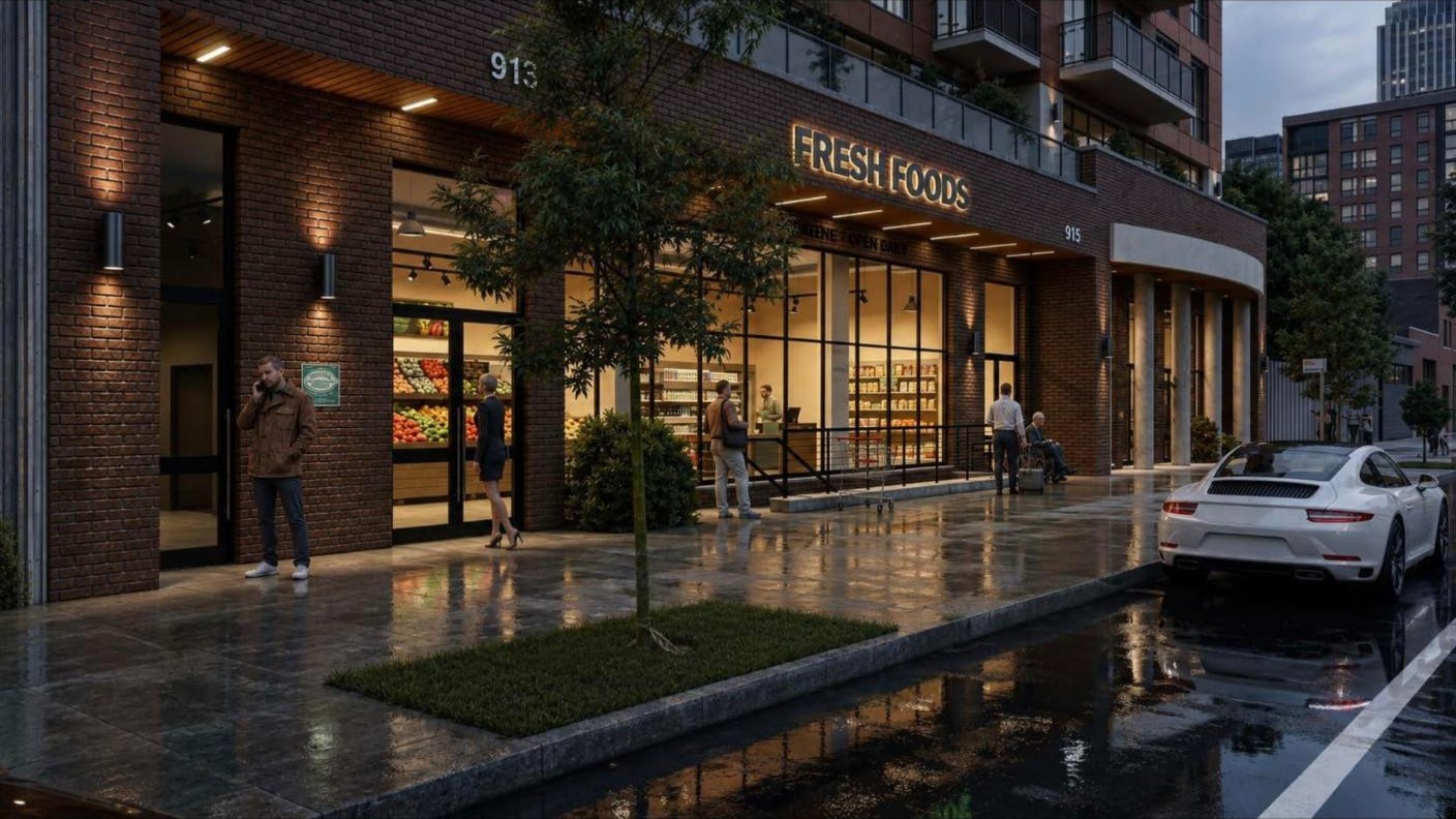 915 Dean Street - retail frontage evening rendering